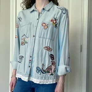 Anthropologie Holding Horses chambray button up long sleeve shirt with patches